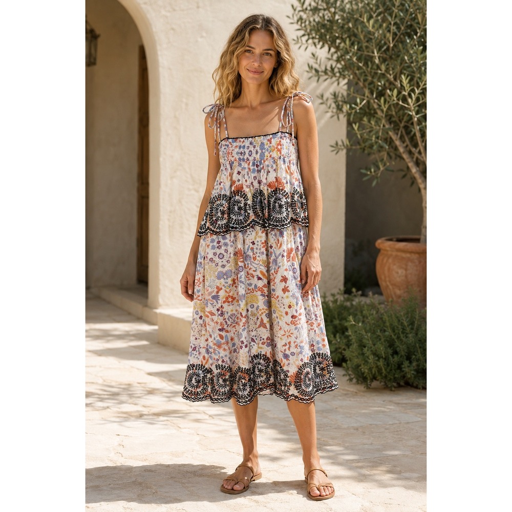 Antik Batik Floral Dress Womens S 38 Embroidered Smocked Boho Midi Sundress